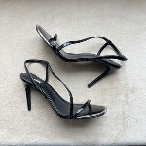 DKNY Women‎ 8.5M Black Patent Strappy Stiletto Sandals Square Toe Silver Tip Chc